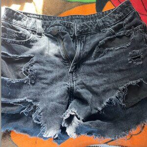 Distressed black denim shorts